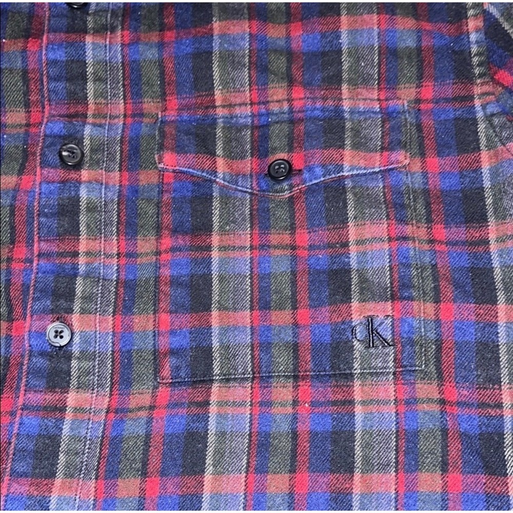 Calvin Klein Mens Red Blue Plaid Flannel Button Down Shirt Long Sleeve XS